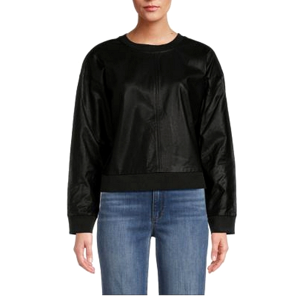 Grey Lab Faux Leather Drop Shoulder Sweatshirt Size Medium Black